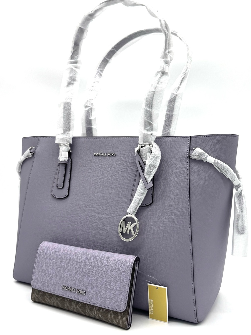 Michael Kors Voyager Large Leather Tote Bag w Matching Trifold Wallet - Lilac